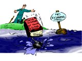 Man throwing book `Case history of your sins` into a river with a weight attached. `No Fishing` reminds one not to trawl up old confessed sins.